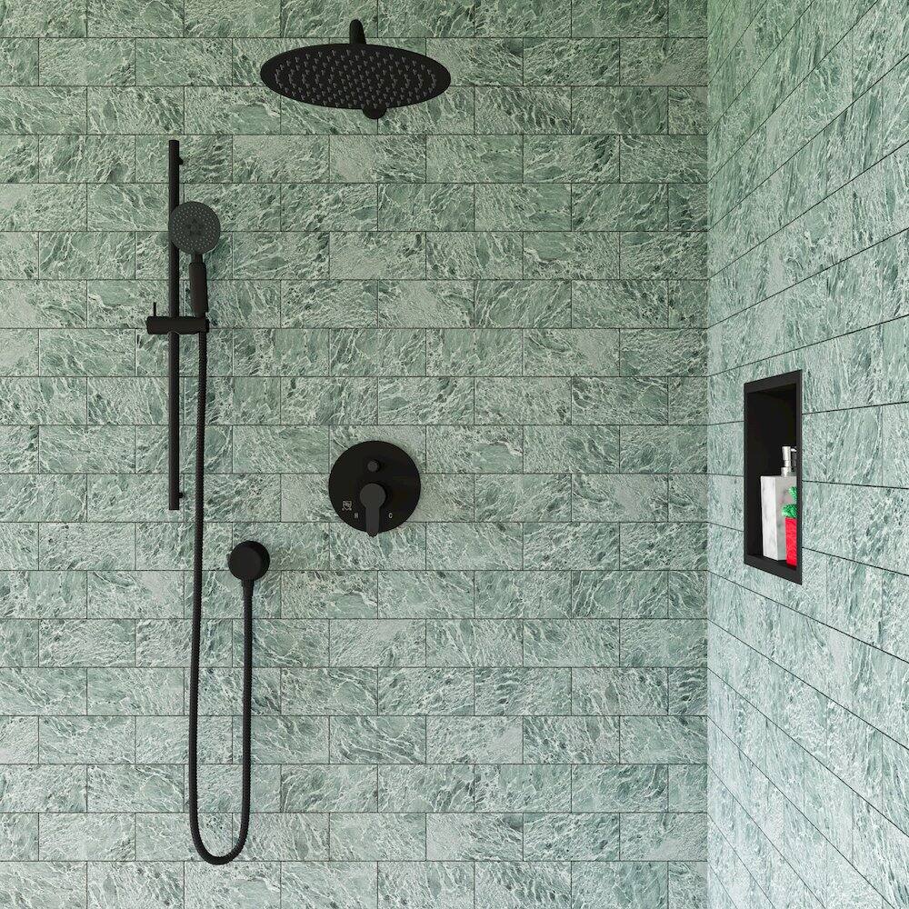 Left. Alfi - Matte Black Stainless Steel 12" Round Ultra-Thin Rain Shower Head - Black.