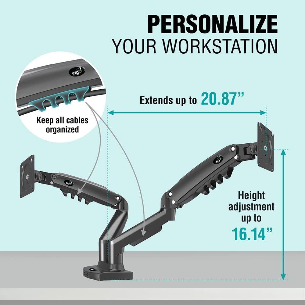 PERSONALIZE YOUR WORKSTATION

- Extends up to 20.87"
- Height adjustment up to 16.14"
- Keep all cables organized