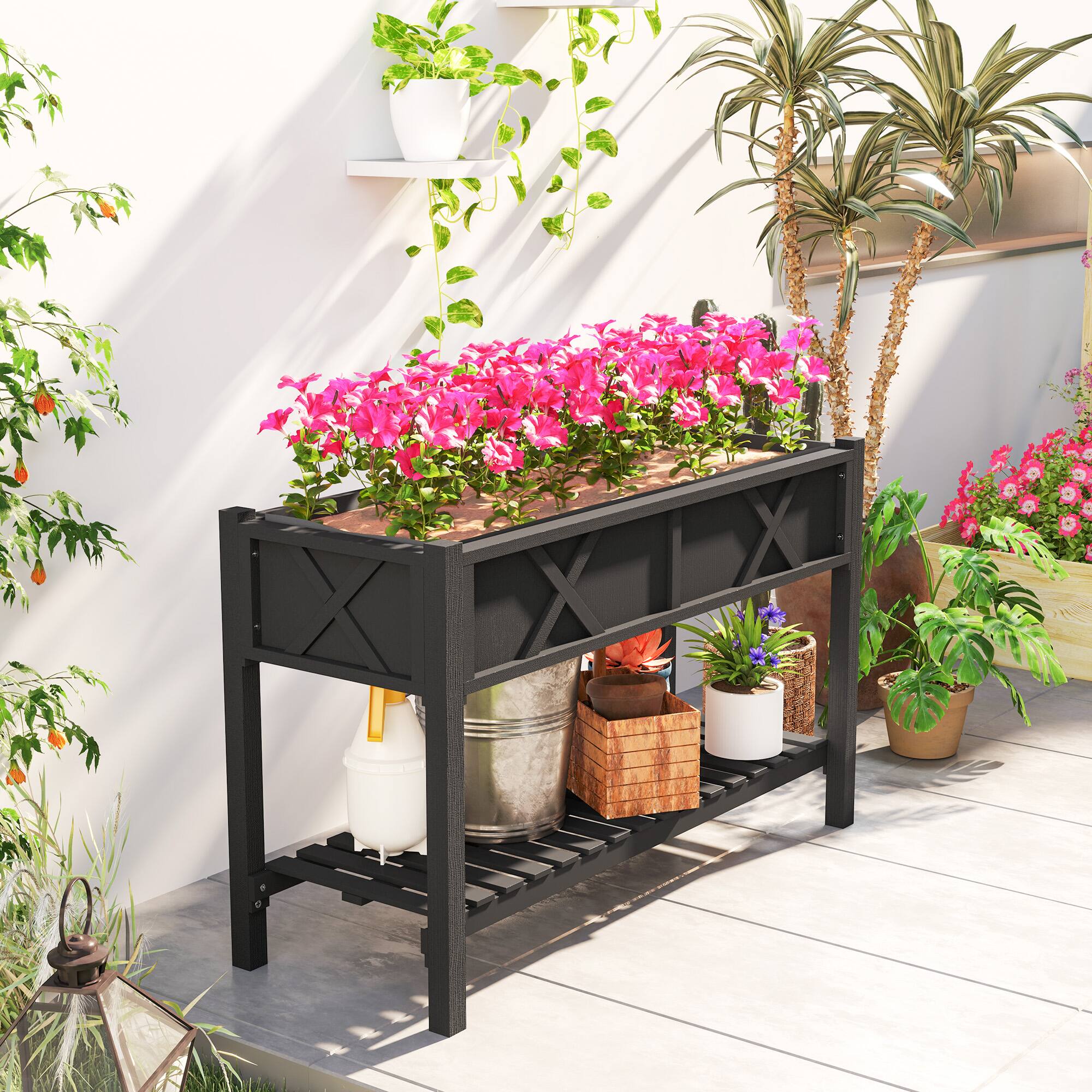 Alt View 7. Outsunny - Raised Garden Bed, Elevated Wood Planter Box with Storage Shelf, Drainage Holes, and Liner, 47 x 22 x 31.5 in - Black.