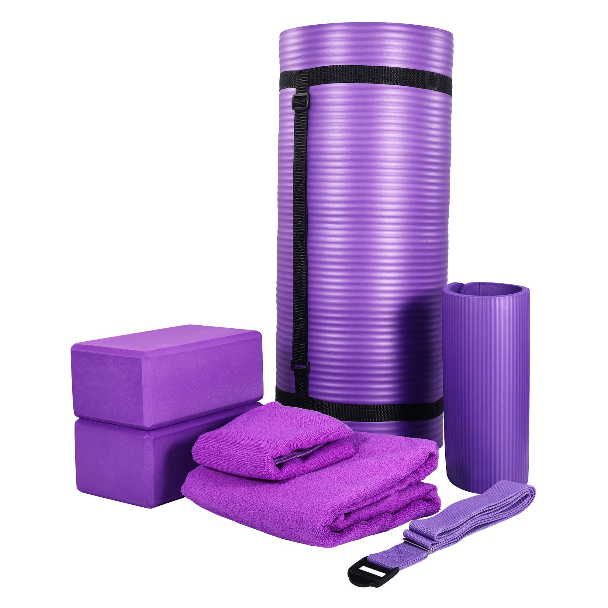 Front. BalanceFrom Fitness - BalanceFrom Fitness 7 Piece Yoga Set with Mat, Stretch Strap, & Knee Pad, Purple - Purple.