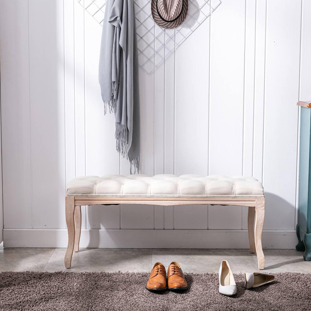 Alt View 8. Ropilly - Ropilly French Vintage Tufted Bedroom Bench, Upholstered Entryway End of Bed Ottoman Seat with Wood Legs, Beige - Beige.