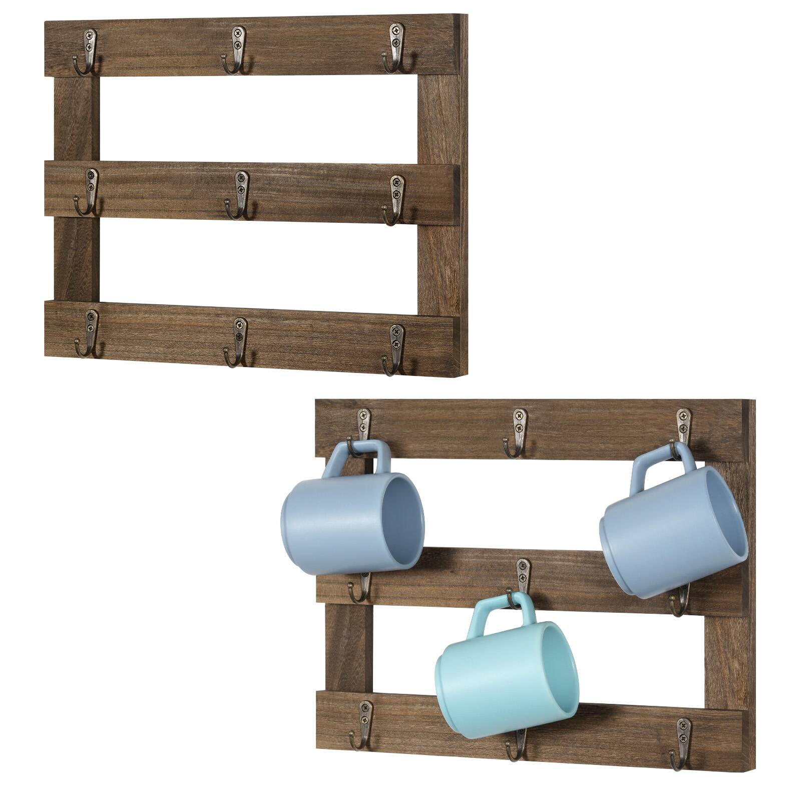 Front. Oumilen - Rustic Brown Wood Wall Mug Rack – 2 Pack Coffee Cup Holder with Metal Hooks for Kitchen Storage - Brown.