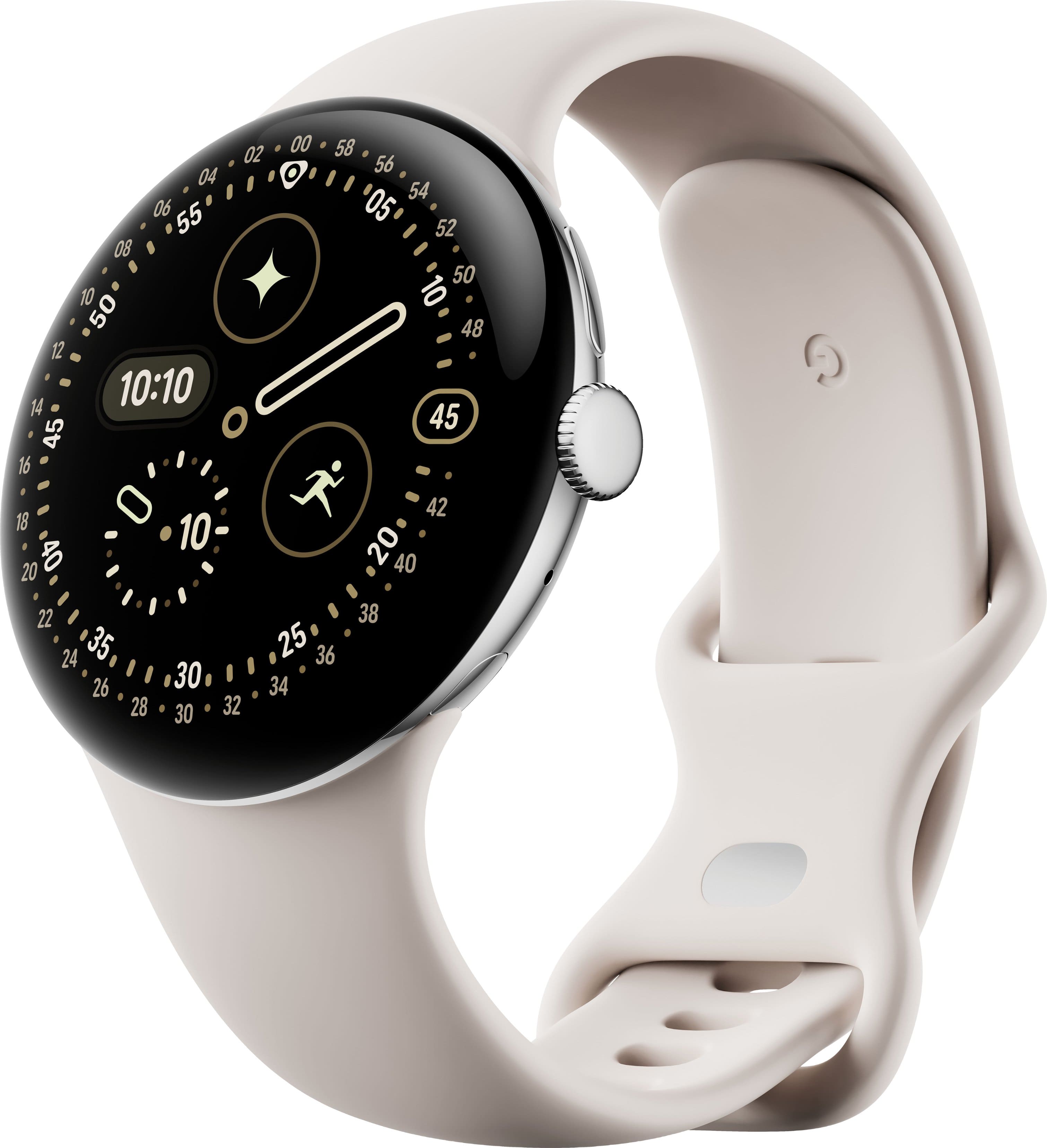 Front. Google - Google Pixel Watch 4 (45mm) - Wi-Fi - Polished Silver Case - Porcelain Band.
