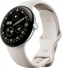Front. Google - Google Pixel Watch 4 (45mm) - Wi-Fi - Polished Silver Case - Porcelain Band.