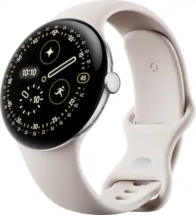 Front. Google - Google Pixel Watch 4 (45mm) - Wi-Fi - Polished Silver Case - Porcelain Band.