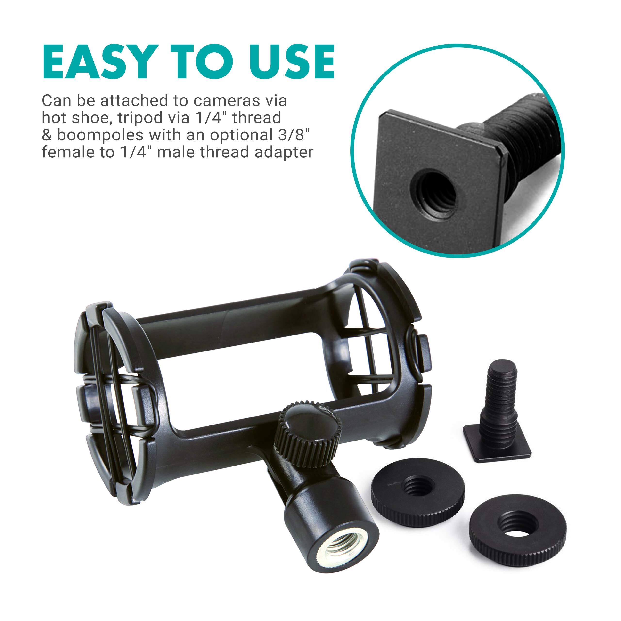 EASY TO USE

Can be attached to cameras via hot shoe, tripod via 1/4" thread & boompoles with an optional 3/8" female to 1/4" male thread adapter