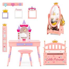 Gymax - 3-Piece Kids Room Furniture Set Vanity Table Dressing Mirror Storage Bench Seat - Pink