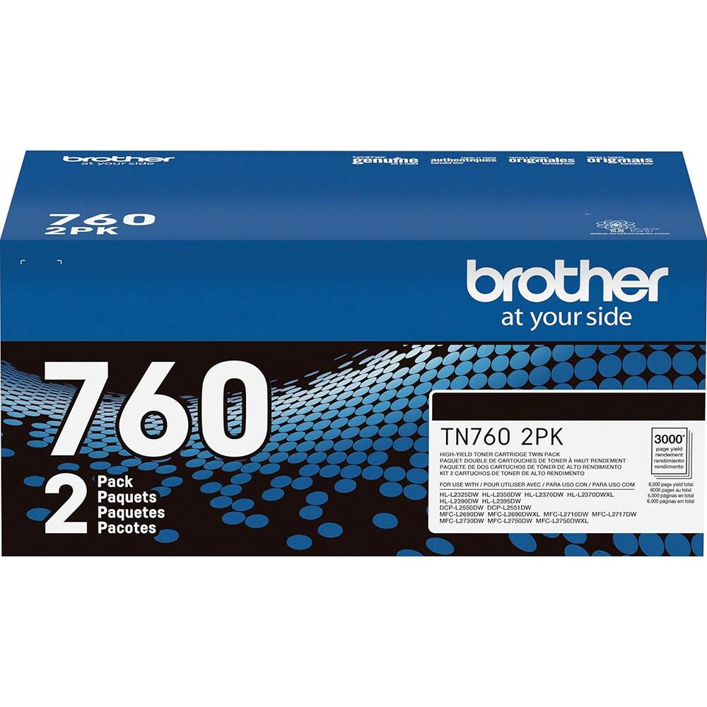 brother  
at your side  

760  
2PK  

Pack  
Paquets  
Paquetes  
Pacotes  

TN760 2PK  
3000 page yield  

FOR USE WITH / POUR UTILISER AVEC / PARA USO CON / PARA USO COM  
HL-L2325DW HL-L2350DW HL-L2370DW HL-L2370DWXL  
HL-L2390DW HL-L236DW  
MFC-L2690DW MFC-L2690DWXL  
MFC-L2717DW MFC-L2730DW MFC-L276DW MFC-L276DWXL
