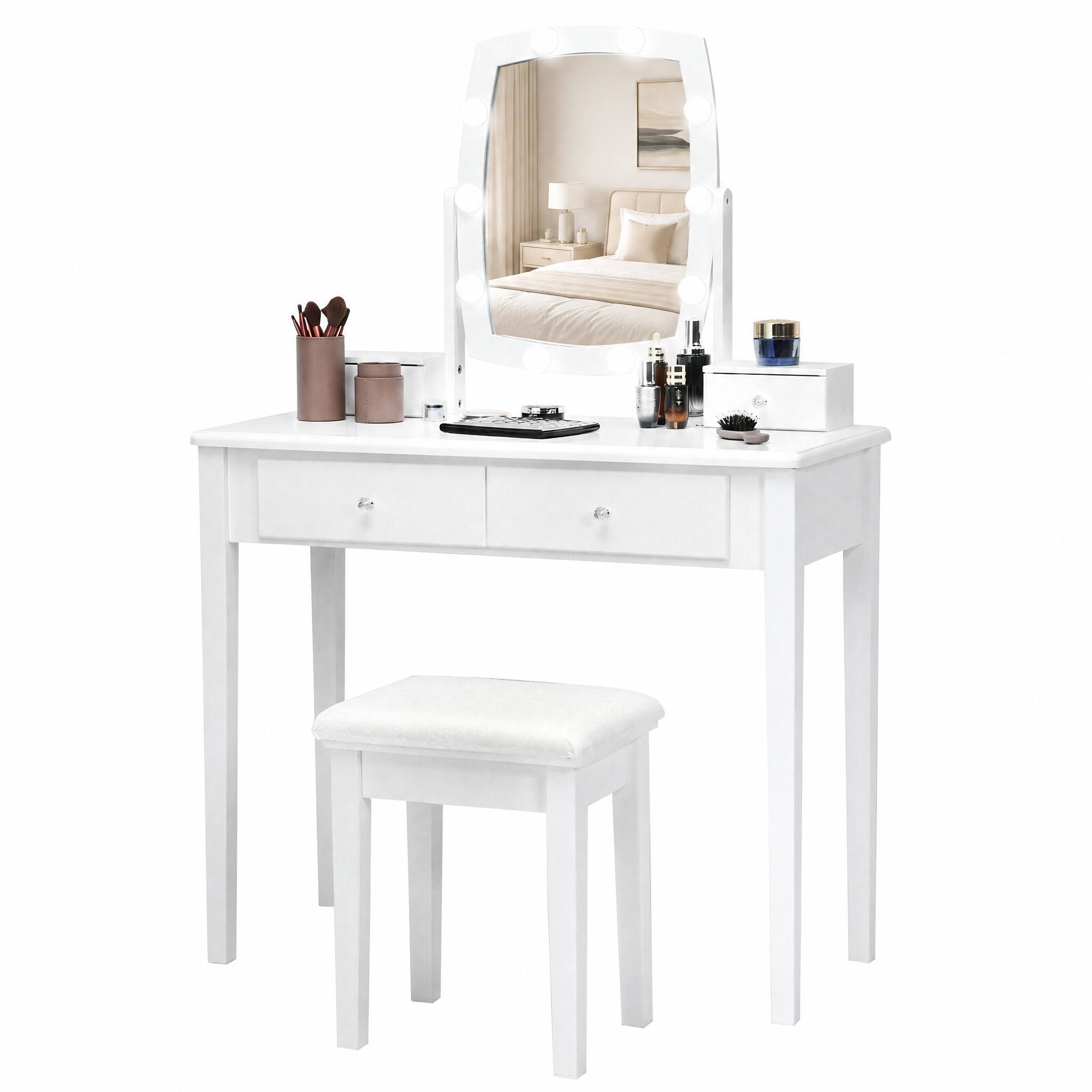 Alt View 5. WELLFOR - Modern Vanity Table Set with LED Lighted Mirror &4 Drawers,Dressing Table with Padded Stool for Bedroom & Dressing Room - White.