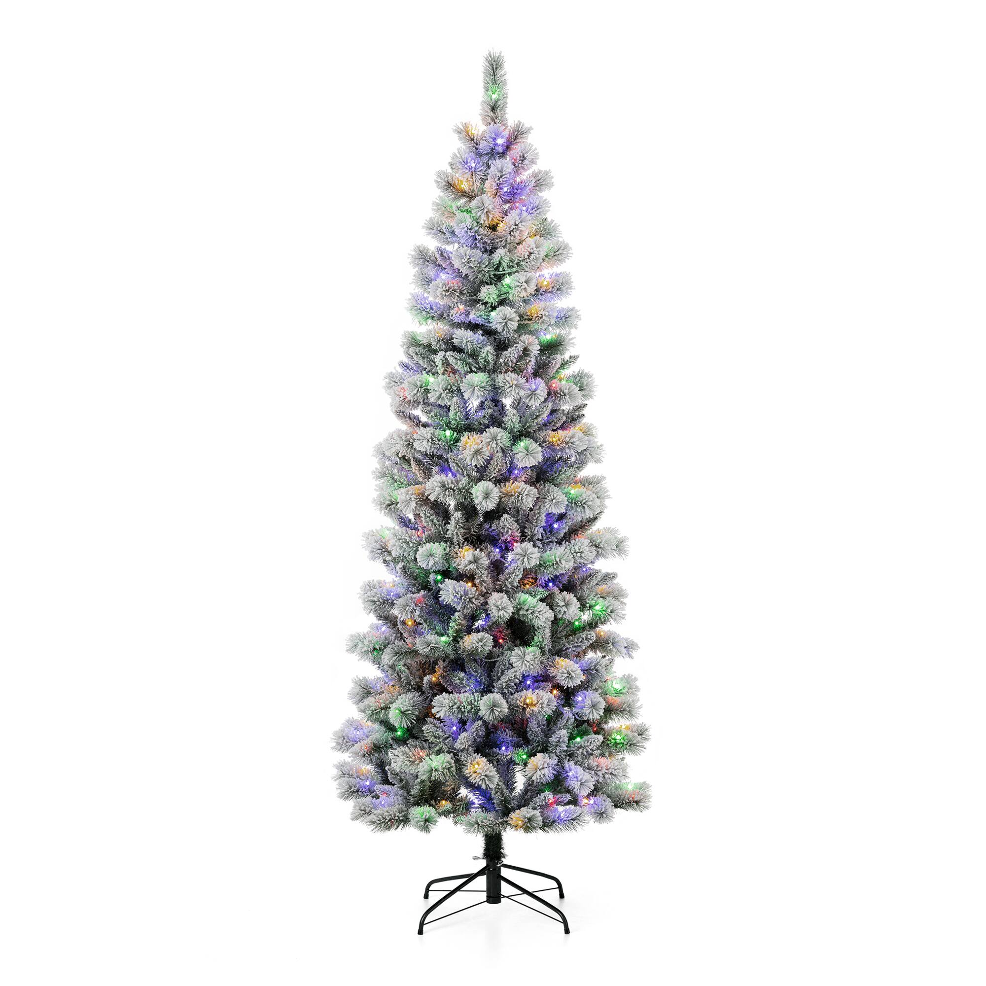 Angle. Glitzhome - 7.5ft Pre-Lit Flocked Pencil Pine Artificial Christmas Pencil Tree with 300 LED Lights - Green.