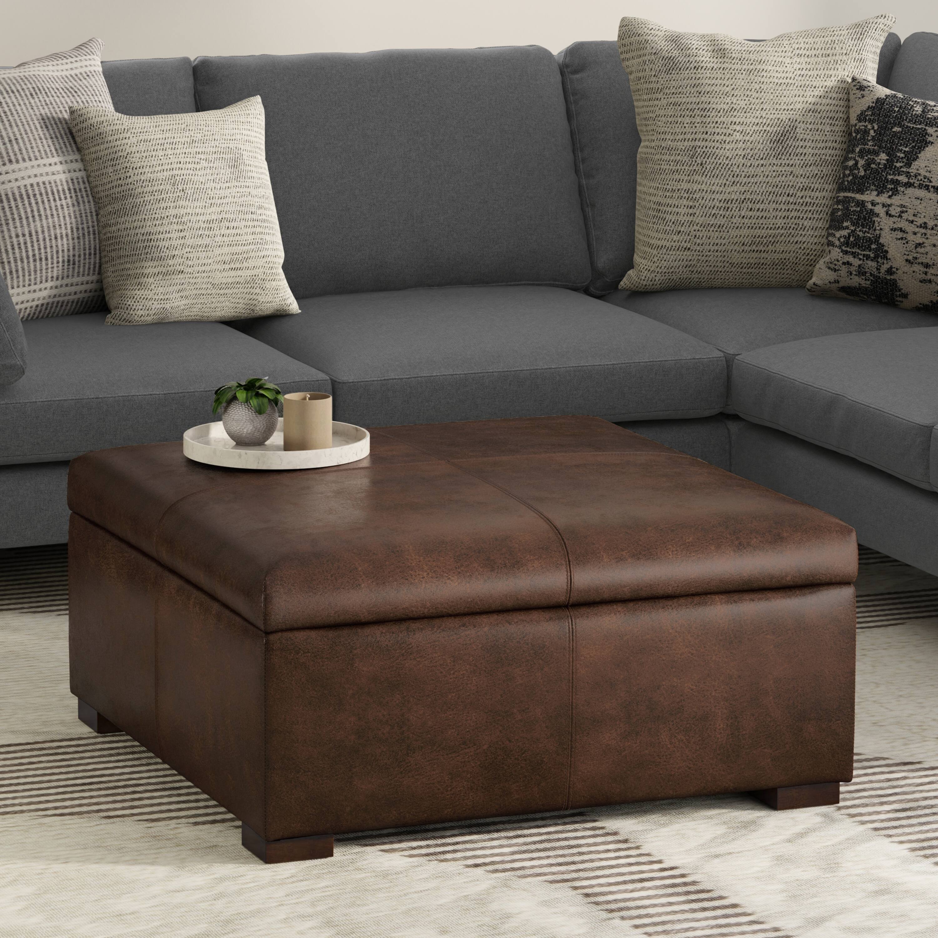 Angle. Simpli Home - Gabbie 36 inch Wide Square Coffee Table Storage Ottoman in Distressed Chestnut Brown Vegan Leather - Distressed Chestnut Brown.