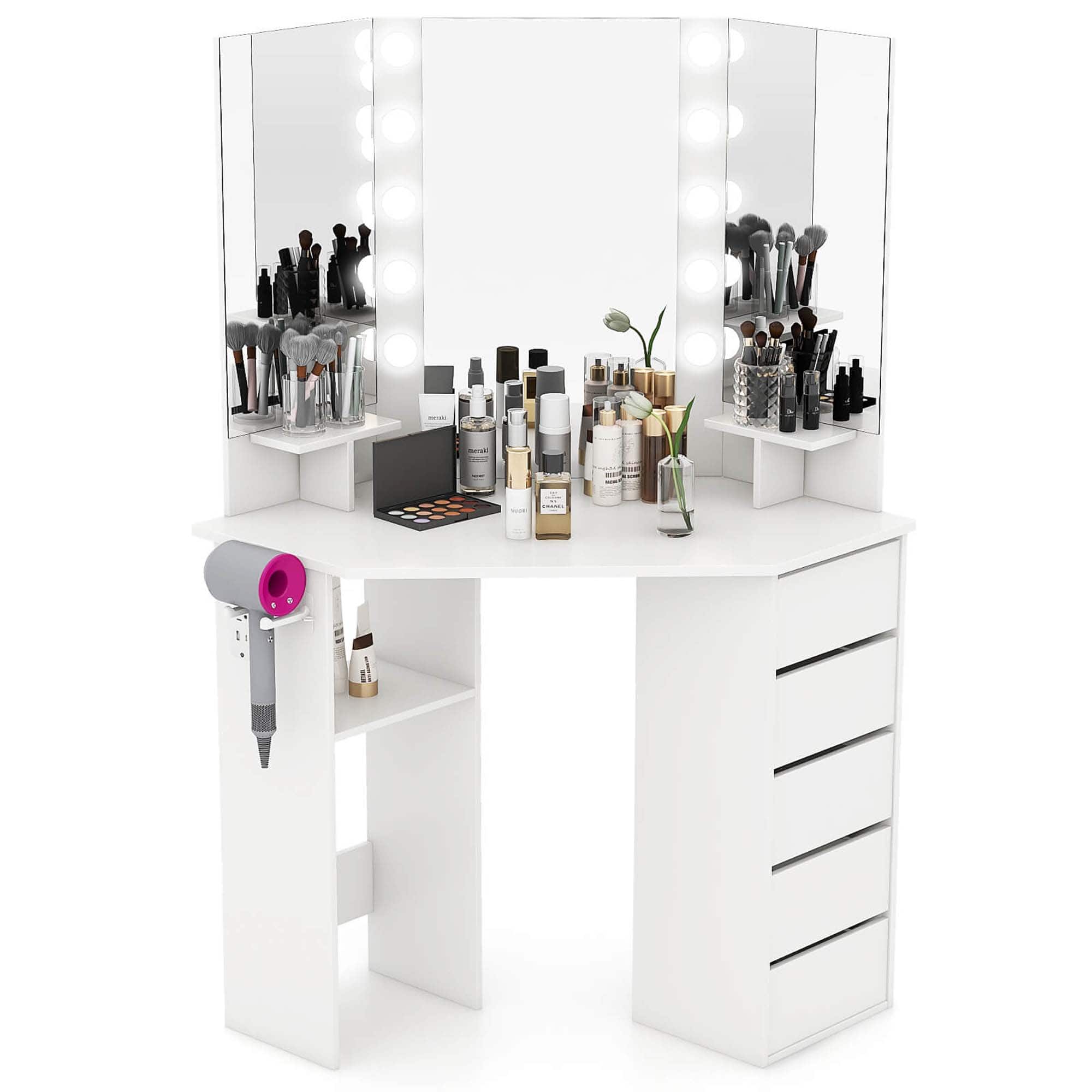 Front. Costway - Costway Corner Vanity Desk Cosmetic Vanity Station with LED Mirror & Power Outlets White - White.