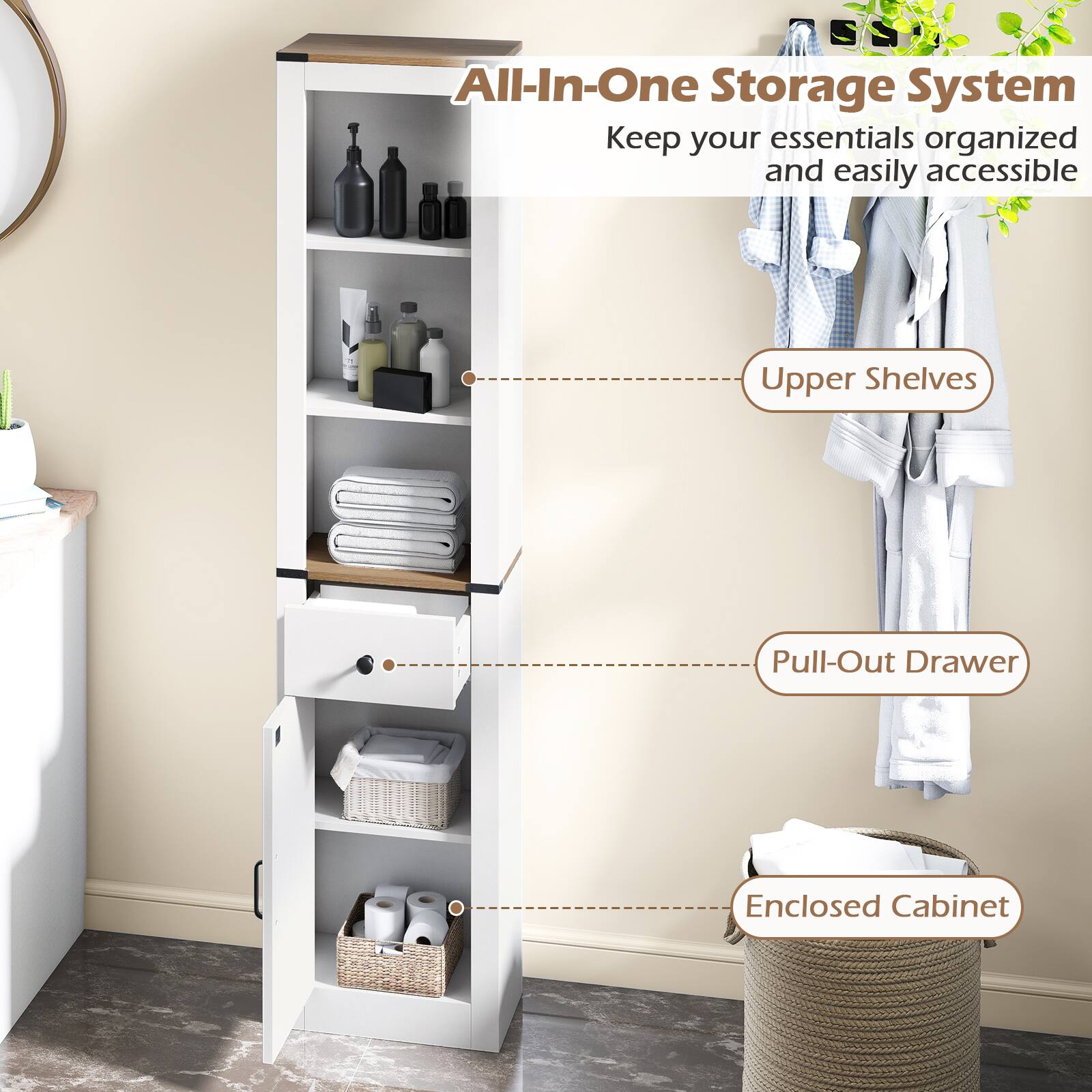 All-In-One Storage System  
Keep your essentials organized and easily accessible  

- Upper Shelves  
- Pull-Out Drawer  
- Enclosed Cabinet