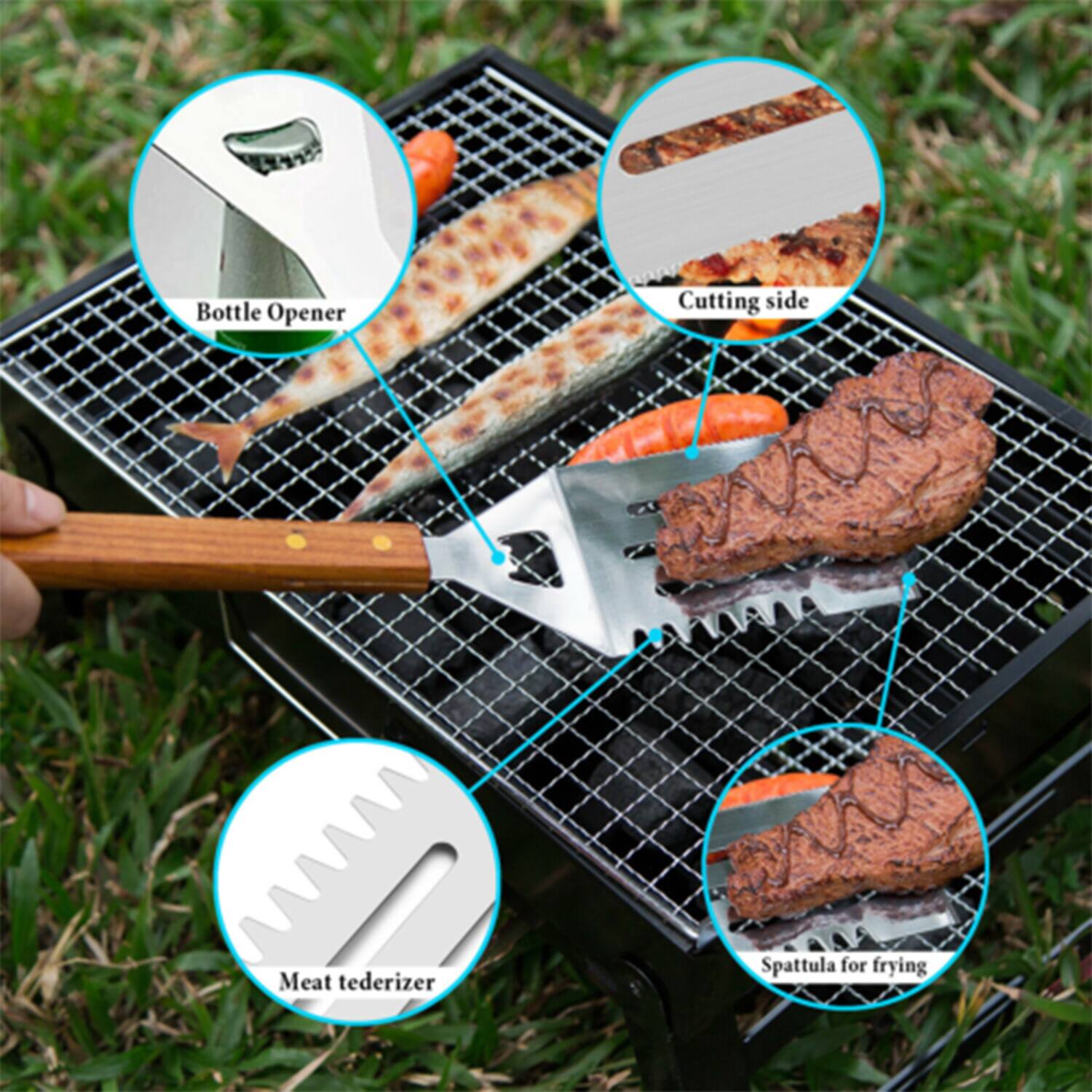 Bottle Opener, Cutting Side, Meat Tenderizer, Spatula for Frying