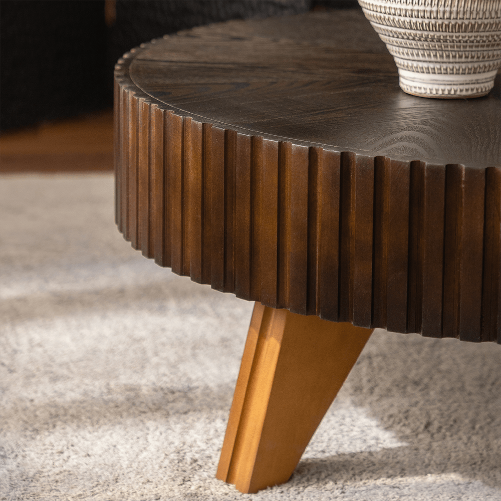Alt View 1. Trinkets Crazed - Solid Round Coffee Table, Pedestal Design With Rustic Wood Grain | Space-Saving Accent Table - Brown.