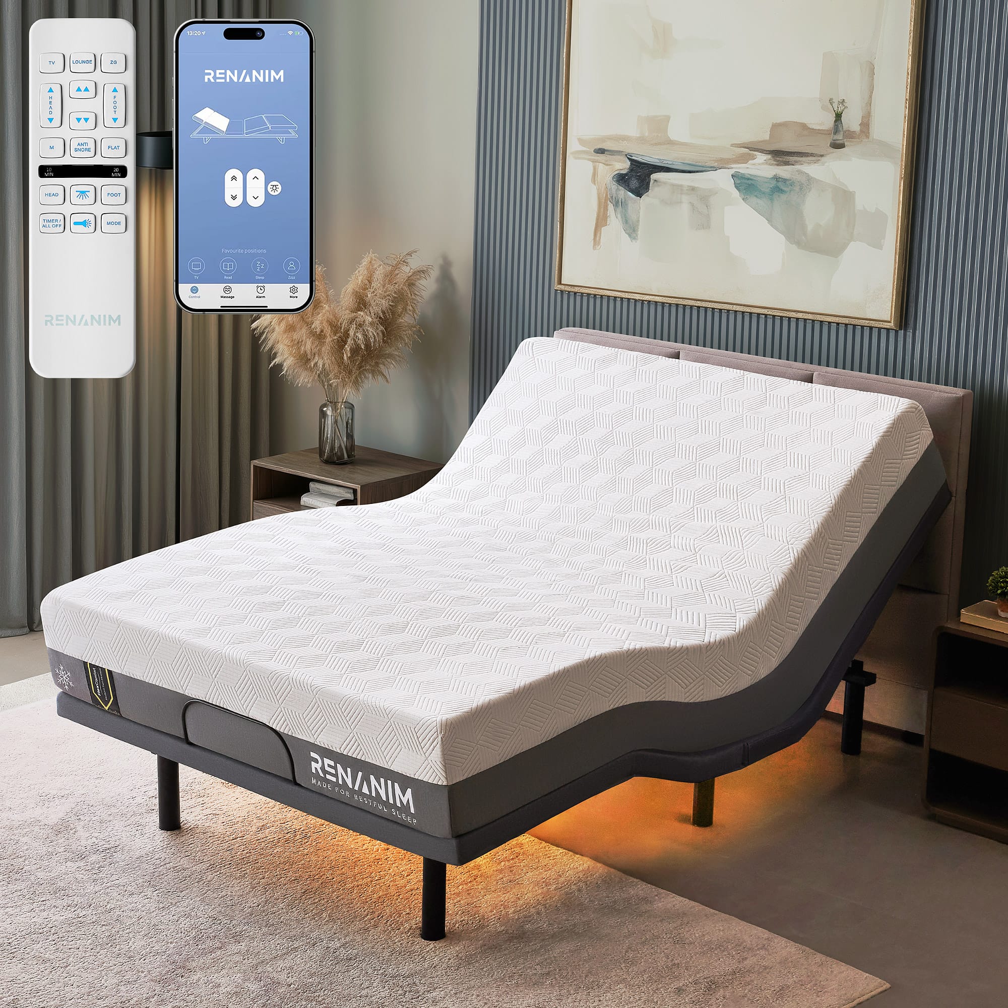 Renanim - SFE Queen Adjustable Electric Bed Frame with 10" Hybrid Mattress, Massage, USB, Remote & UnderBed Light - Gray