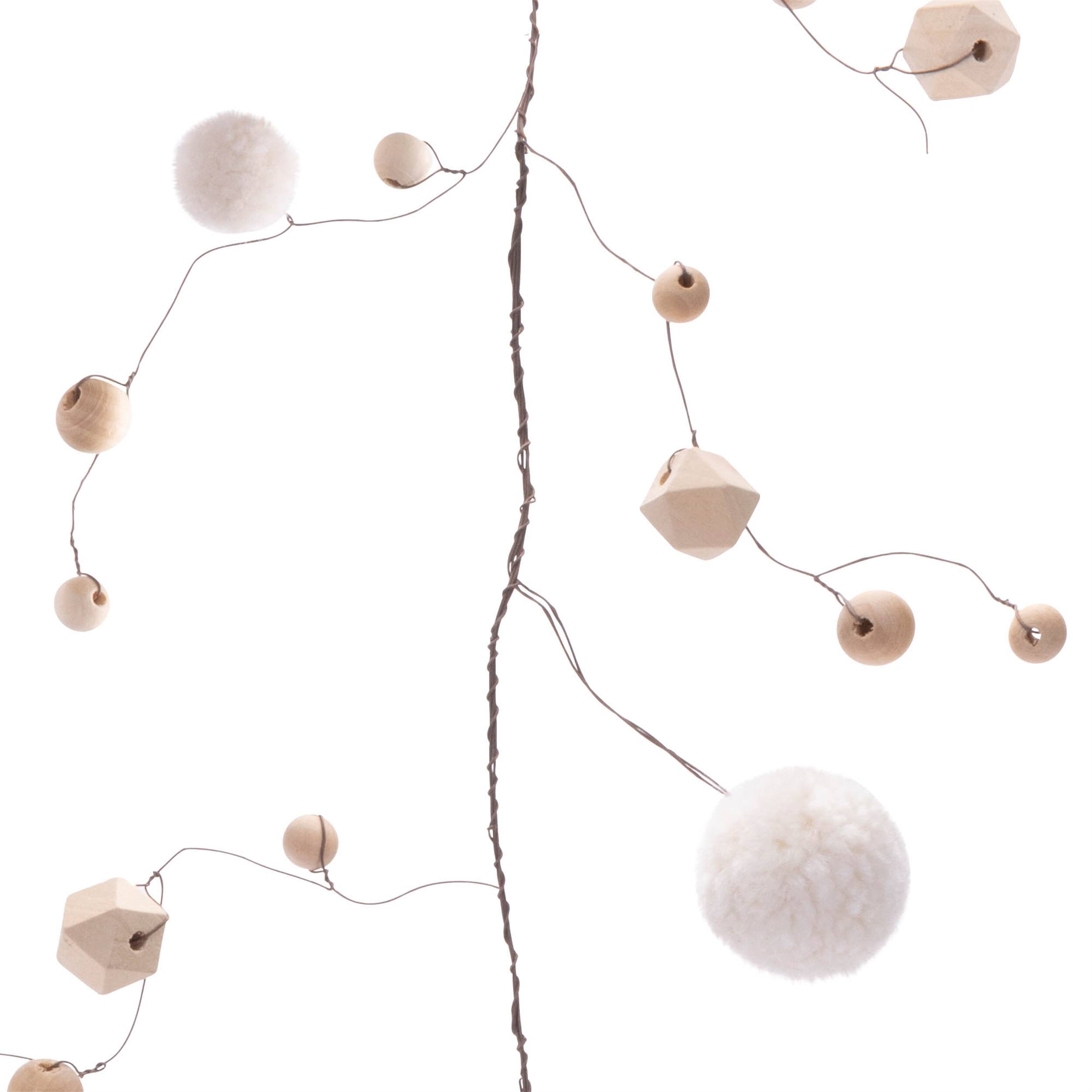Left. BreeBe - Wood Bead and Puff Ball Garland (Set of 2) - Beige, Brown.