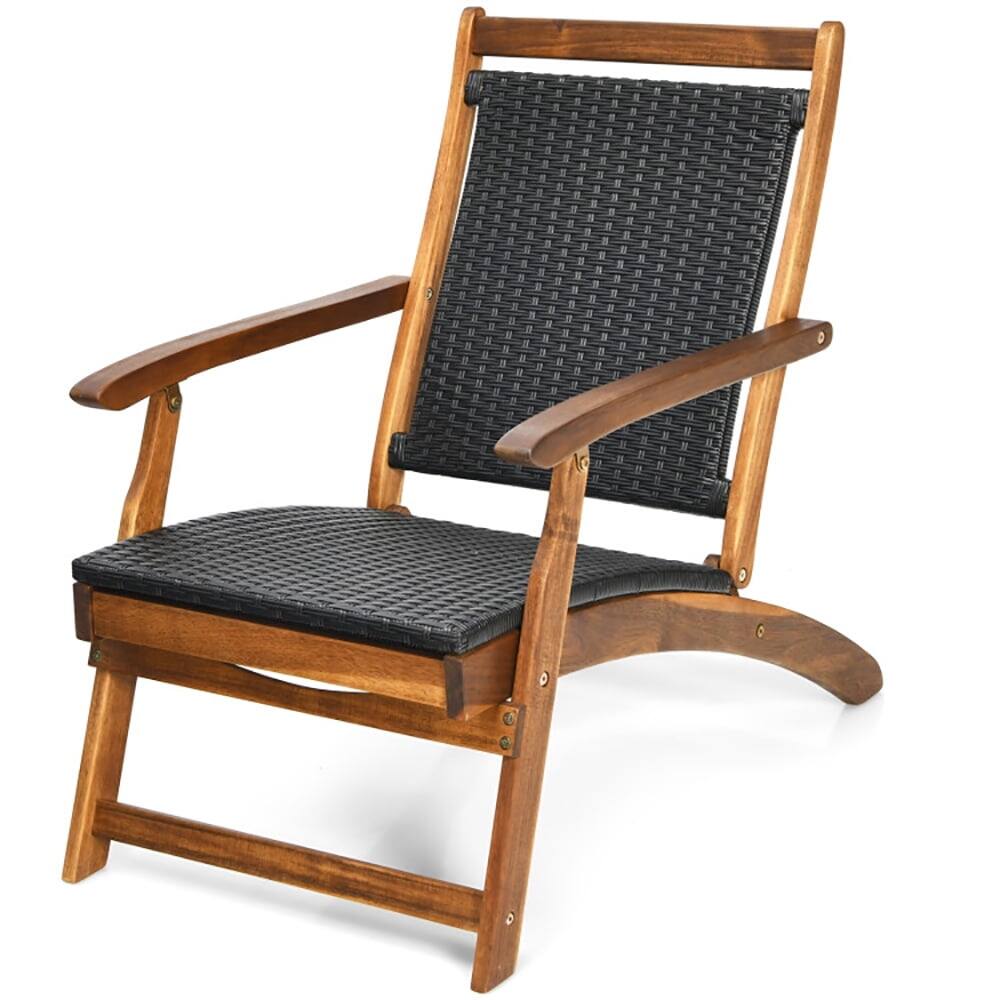 Back. Pefilos - Patio Lounge Chair, Patio Rattan Folding Lounge Chair with Acacia Wooden Frame Retractable Footrest Cushion - Brown.