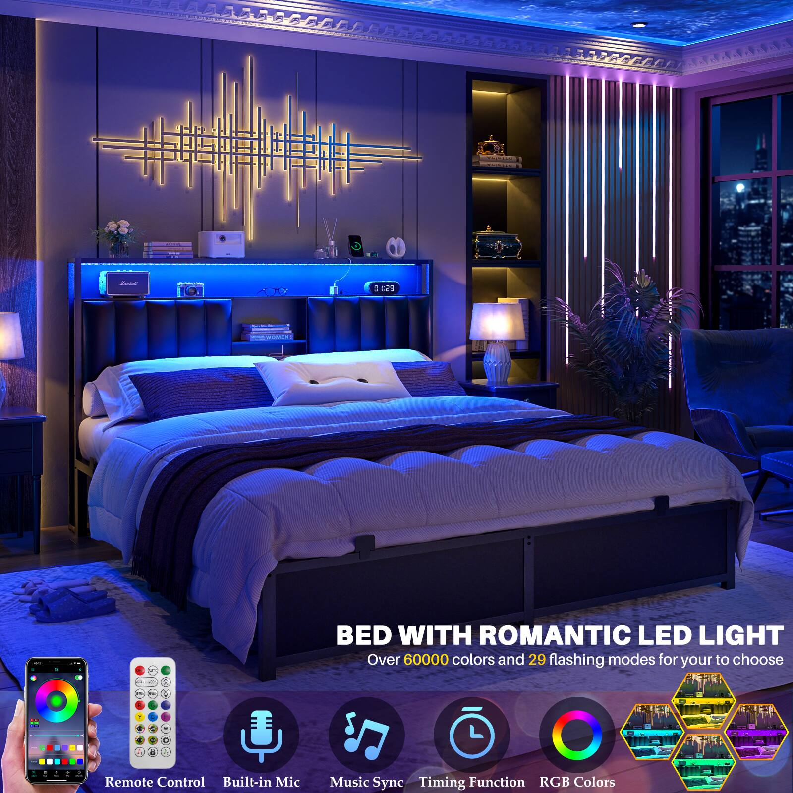 2 F29 - WONCH BED WITH ROMANTIC LED LIGHT  
Over 60000 colors and 29 flashing modes for your to choose  
- Remote Control  
- Built-in Mic  
- Music Sync  
- Timing Function  
- RGB Colors