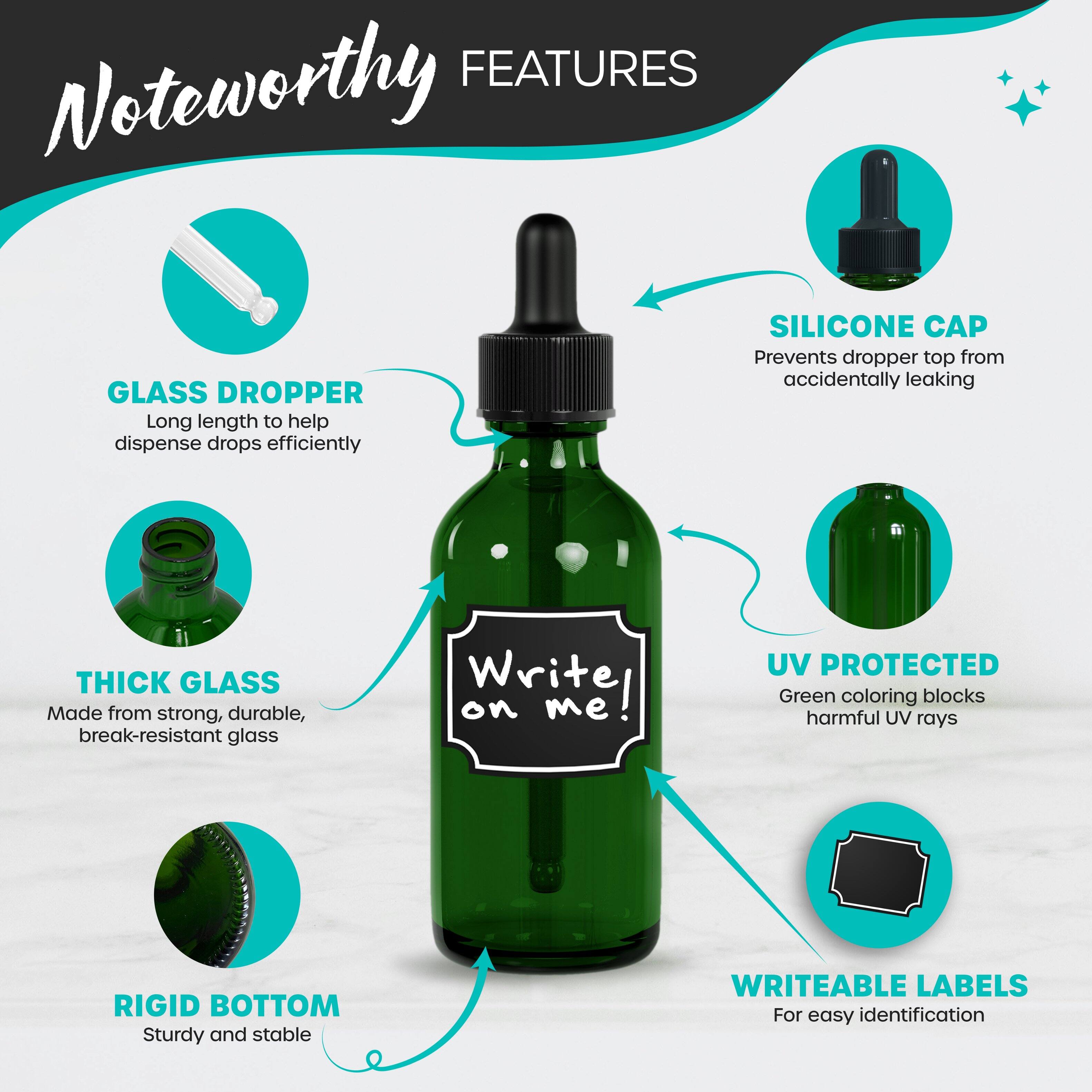 **Noteworthy Features**

- **Glass Dropper**: Long length to help dispense drops efficiently
- **Thick Glass**: Made from strong, durable, break-resistant glass
- **Rigid Bottom**: Sturdy and stable
- **Silicone Cap**: Prevents dropper top from accidentally leaking
- **UV Protected**: Green coloring blocks harmful UV rays
- **Writeable Labels**: For easy identification
