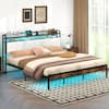 Front. Gymax - Gymax King Size Bed Frame w/LED Light & Charging Station Heavy Duty Metal Platform Bed - Rustic Brown, Black, Grey.