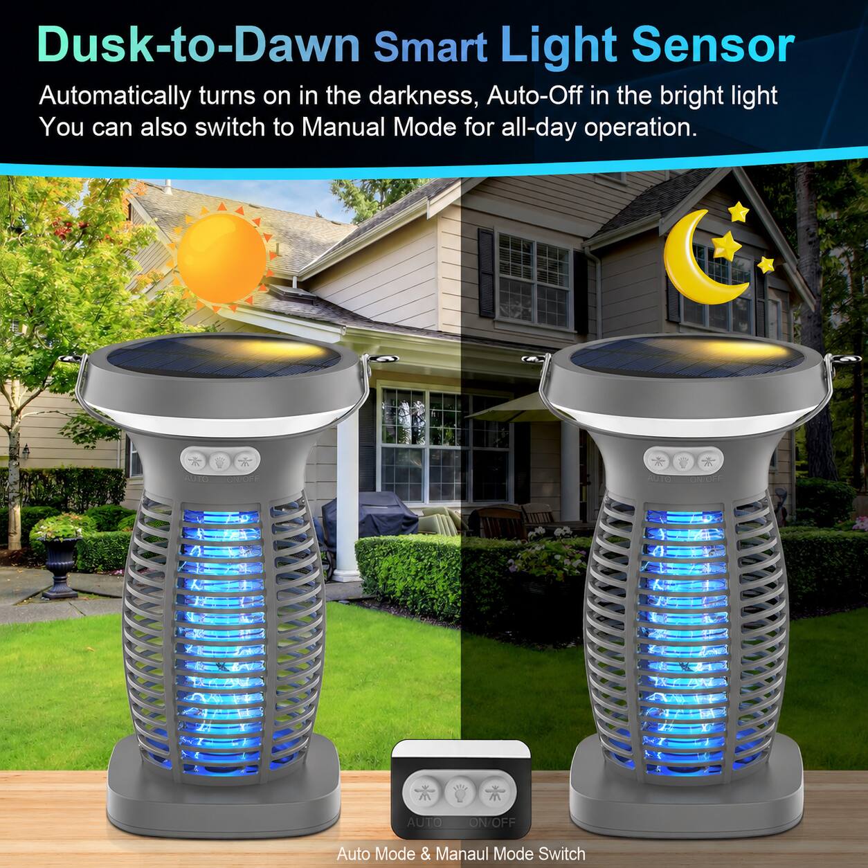 Dusk-to-Dawn Smart Light Sensor  
Automatically turns on in the darkness, Auto-Off in the bright light  
You can also switch to Manual Mode for all-day operation.  

AUTO ON/OFF  
Auto Mode & Manual Mode Switch