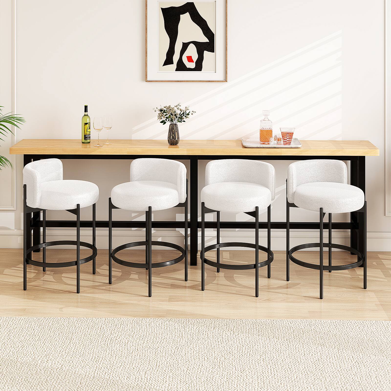 Alt View 1. Gymax - Gymax Boucle Counter Stools Set of 4 w/Curved Backrest Metal Frame Comfy Footrest - Beige, Black.