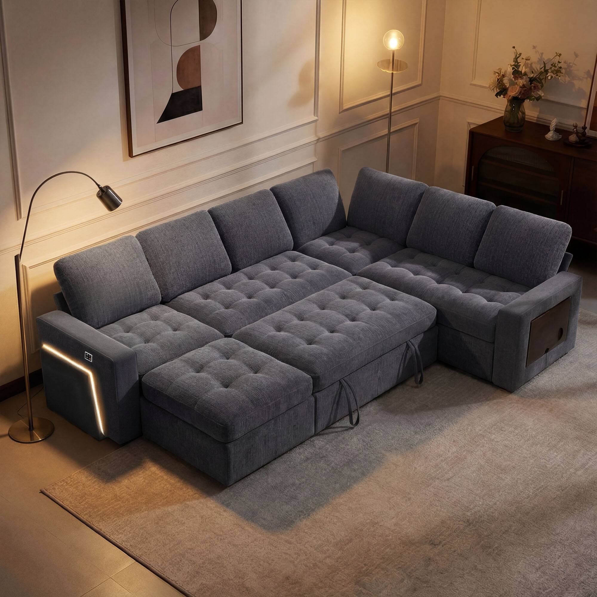 Alt View 6. Dyonery - Dyonery 7 Seat L Shaped Modular Sectional Sleeper Sofa Bed with Pull Out Bed/Reclining Backrest/USB Ports/Storage Seat - Grey.