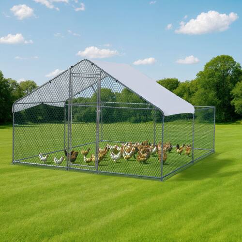 Alt View 7. Winado - 10x9.8FT Metal Poultry Cage Top Partially Open, Walk-in Chicken Pen with Waterproof Cover for Chicken Run Garden Outdoor - Silver Frame, Green Mesh.