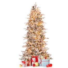 Costway - 6 FT Pre-Lit Christmas Tree Snow Flocked Hinged with 715 Branch Tips & 210 Lights - Green/White