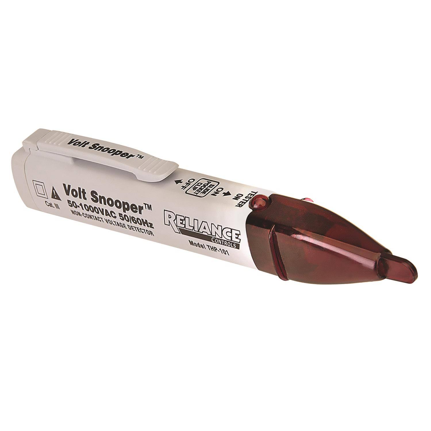 Volt Snooper  
Volt OFF CLIP SLIDE NO ON TESTER  
Cat. III 50-1000VAC NON-CONTACT  
Snooper 50/60Hz VOLTAGE DETECTOR  
RELIANCE  
Model THP-101  
CONTROLS