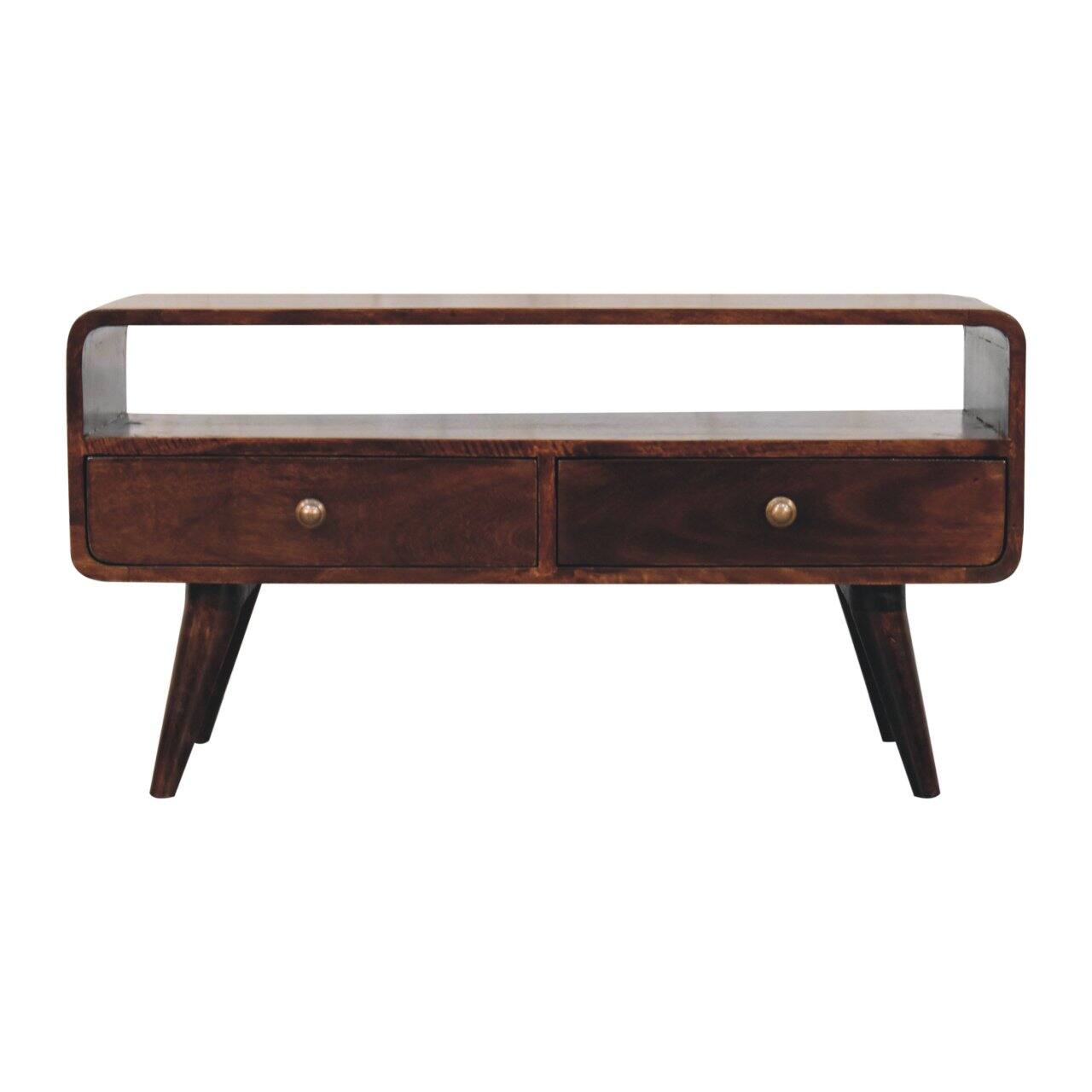 Front. Artisan Furniture - Artisan Furniture Solid Wood Curved California Walnut Media Unit, 2 Drawers, 1 Open Slot, Dark Brown - Dark Brown.