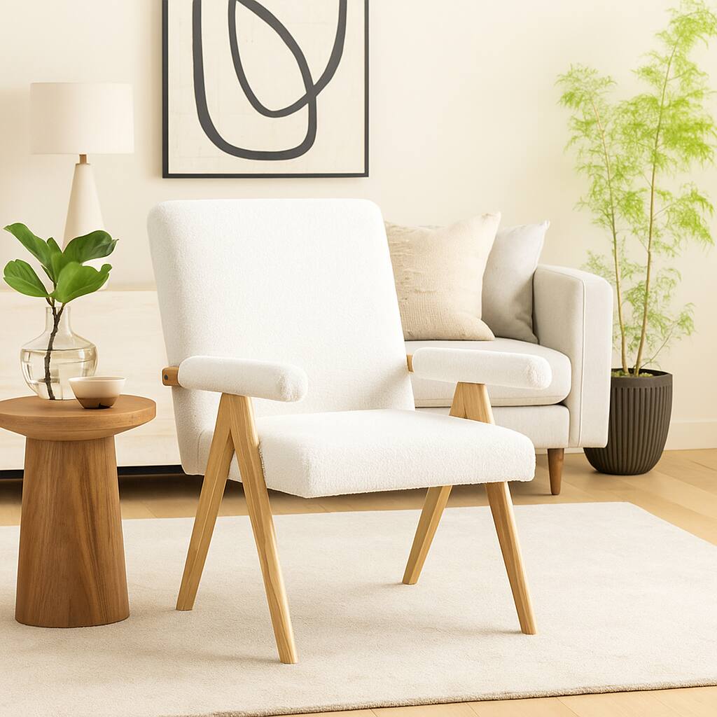 Front. Hivvago - Wooden Frame Lounge Chair with Soft Arm Padding - White.