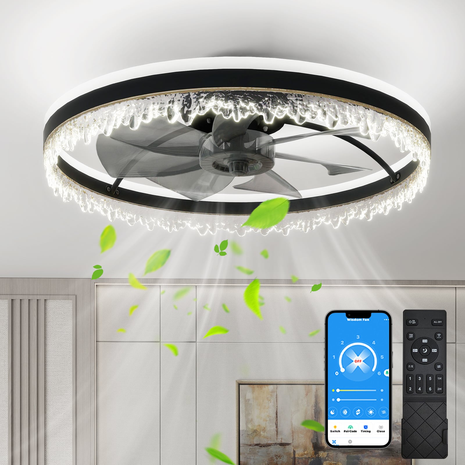 TinyHomie - Modern LED Ceiling Fan with Light 24 Dimmable Ceiling Light with Invisible Blades