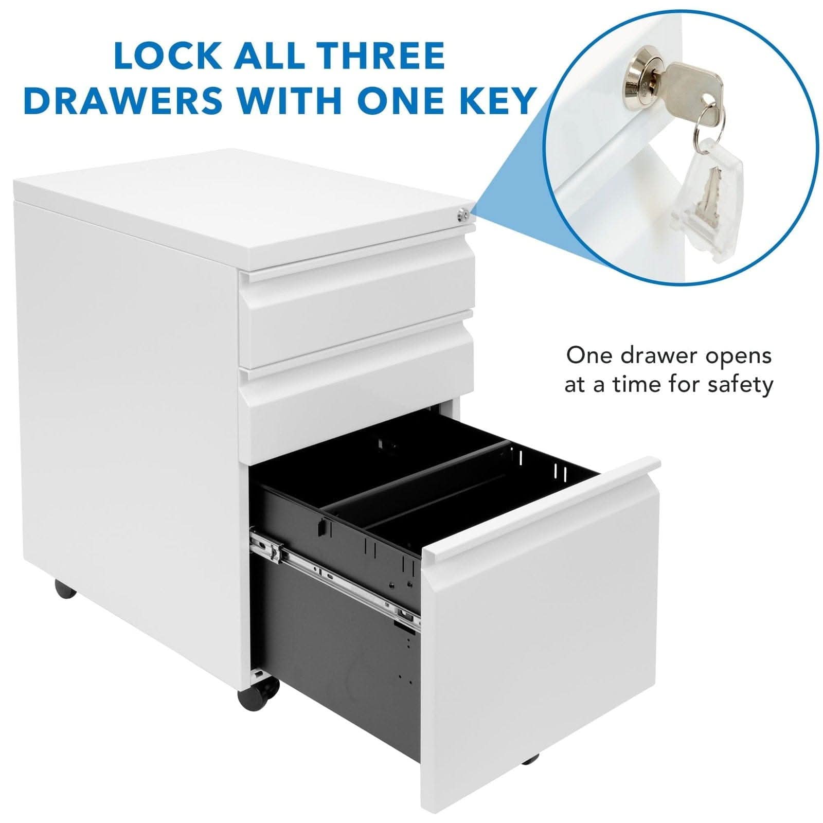 LOCK ALL THREE DRAWERS WITH ONE KEY  
One drawer opens at a time for safety