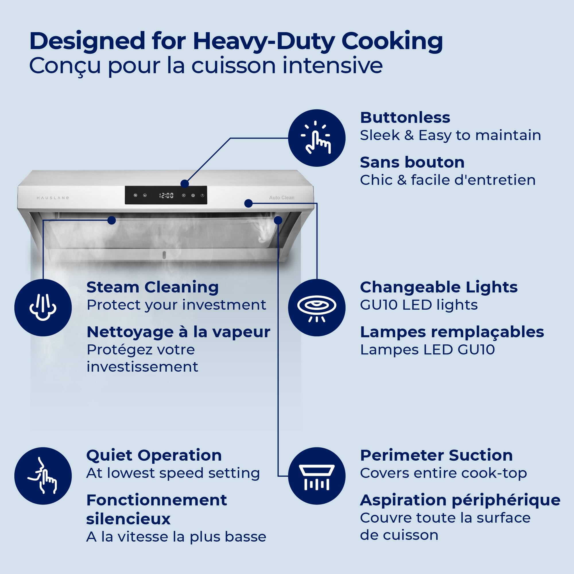 Designed for Heavy-Duty Cooking  
Conçu pour la cuisson intensive  

Buttonless  
Sleek & Easy to maintain  
Sans bouton  
Chic & facile d'entretien  

Steam Cleaning  
Protect your investment  
Nettoyage à la vapeur  
Protégez votre investissement  

Quiet Operation  
At lowest speed setting  
Fonctionnement silencieux  
À la vitesse la plus basse  

Changeable Lights  
GU10 LED lights  
Lampes remplaçables  
Lampes LED GU10  

Perimeter Suction  
Covers entire cook-top  
Aspiration périphérique  
Couvre toute la surface de cuisson