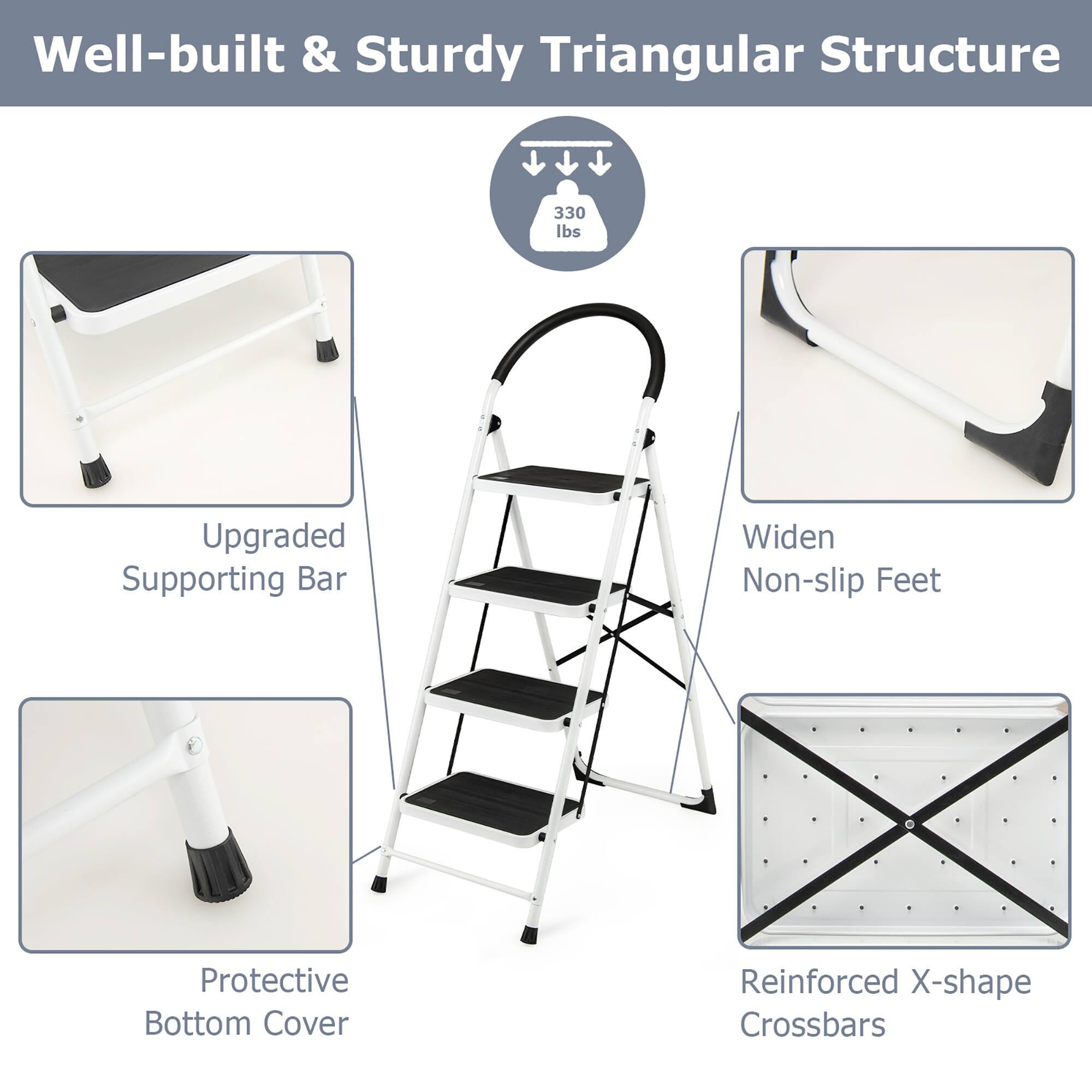 Well-built & Sturdy Triangular Structure

- Upgraded Supporting Bar
- Widen Non-slip Feet
- Protective Bottom Cover
- Reinforced X-shape Crossbars

330 lbs