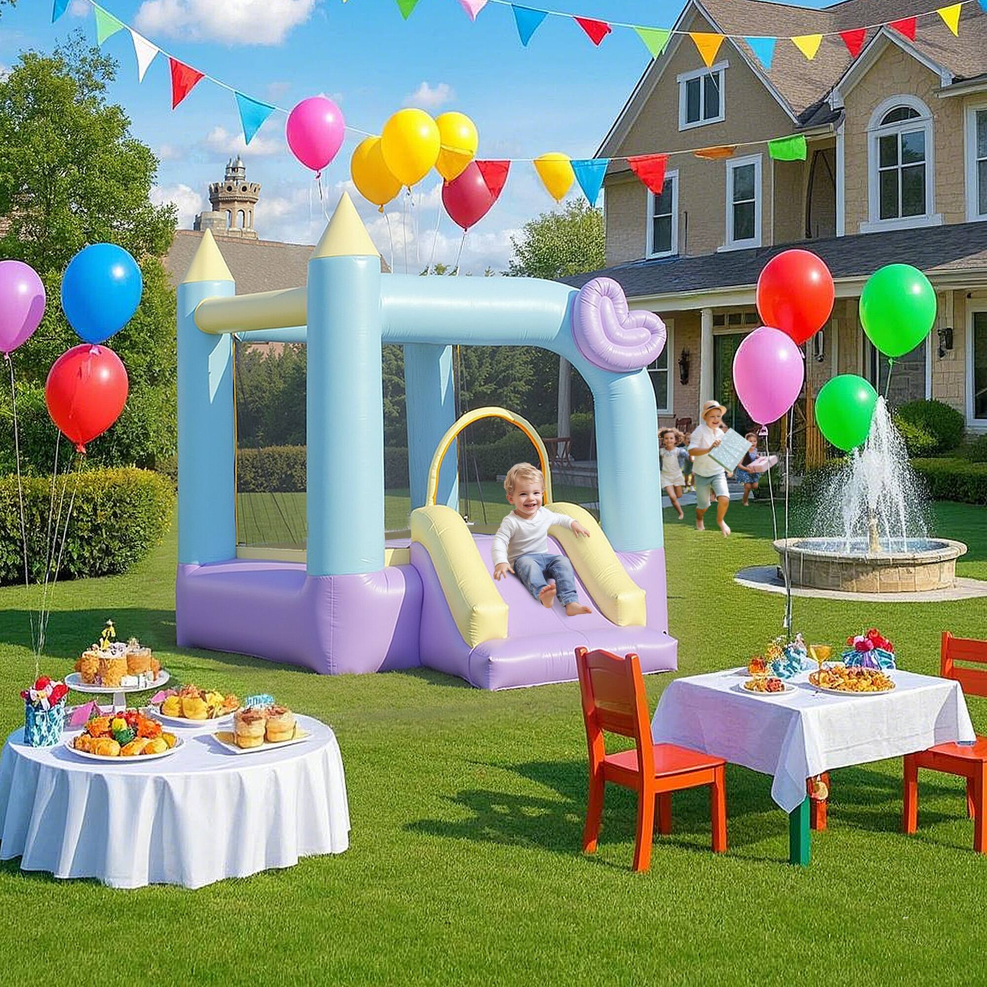 Angle. Qaba - Bounce House, Inflatable Bouncer, Air Blower, Outdoor Indoor, Slide, Stakes, Storage Bag, Kids 3-8, 98" x 65" x 79".