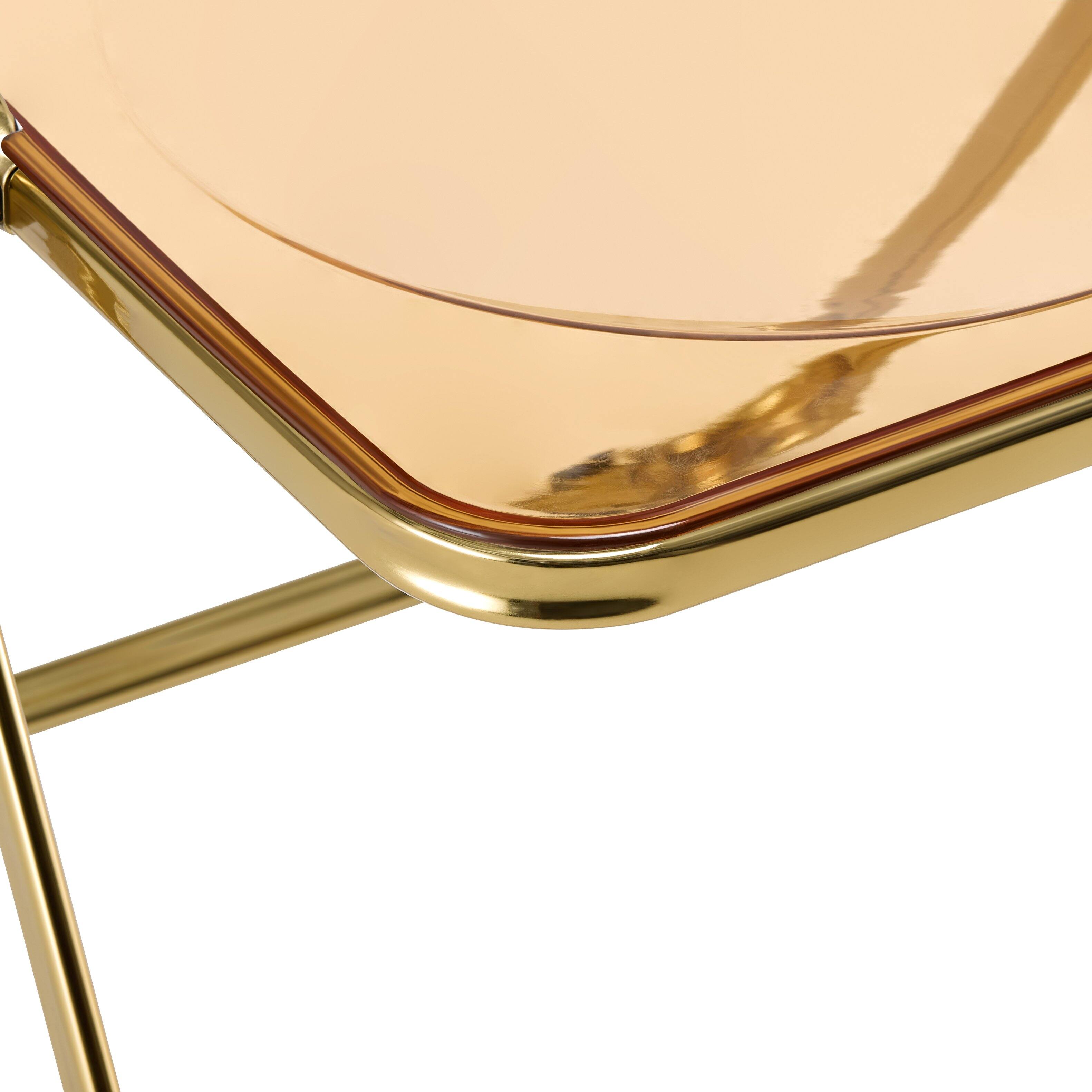 Alt View 6. LeisureMod - Lawrence 2-PCS Clear Accent Chair, Folding Acrylic Design with Gold Chrome Frame, Portable Assembled Seating - Amber.