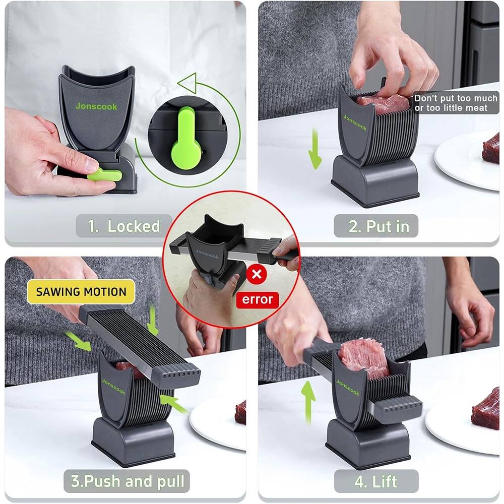 1. Locked  
2. Put in  
3. Push and pull  
4. Lift  

Don't put too much or too little meat  

SAWING MOTION  

error
