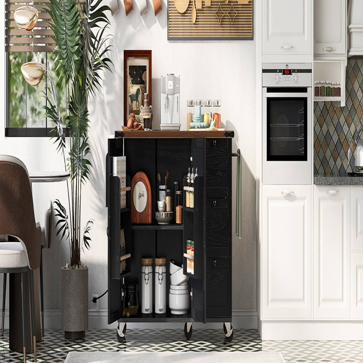 Left. Loheer - Loheer 54.5" Farmhouse Kitchen Island with Power Outlet, Drop Leaf, Rolling Kitchen Cart on Wheels, Black - Black.