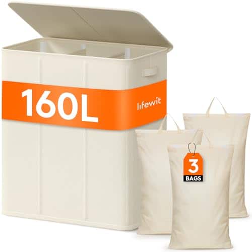 Vulpecula Spade - Triple Laundry Hamper with Lid and Removable Laundry Bags, Large Collapsible 3 Dividers Dirty Clothes Basket with - ‎White