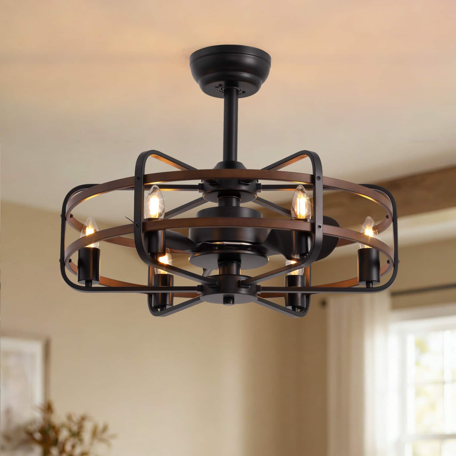 Siljoy - 24 Inch Farmhouse Ceiling Fan Light 6-Candle Industrial Chandelier Fan for Bedroom Dining Room Foyer - walnut wood