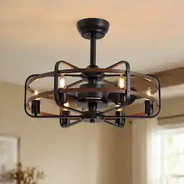 Siljoy - 24.8 Inch Farmhouse Gray Caged Ceiling Fan Light, 6 Candle Lights, 6-Speed Reversible for Bedroom Kitchen and Foyer - walnut wood