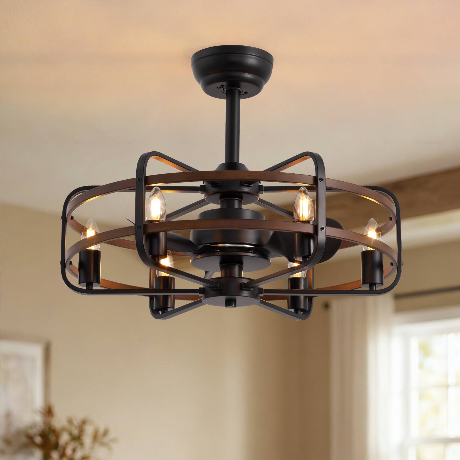 Left. Siljoy - 24 Inch Farmhouse Ceiling Fan Light 6-Candle Walnut Wood Industrial Chandelier Fan for Bedroom Dining Room  Foyer - Brown.