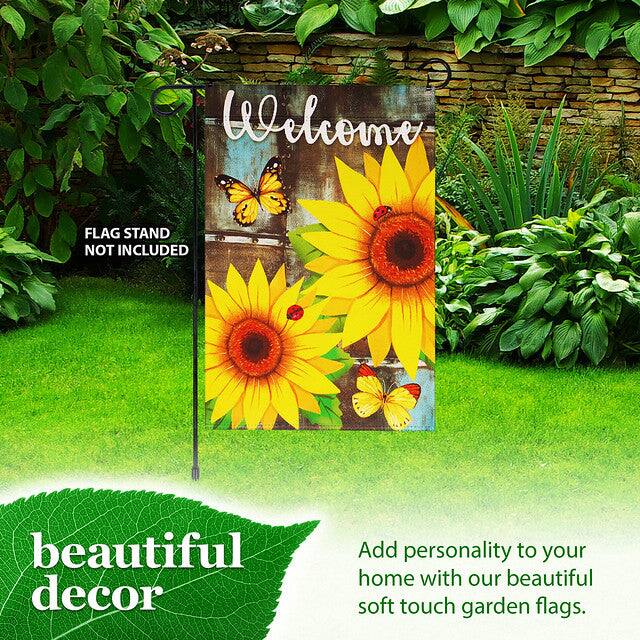 Welcome  
FLAG STAND NOT INCLUDED  

beautiful decor  

Add personality to your home with our beautiful soft touch garden flags.