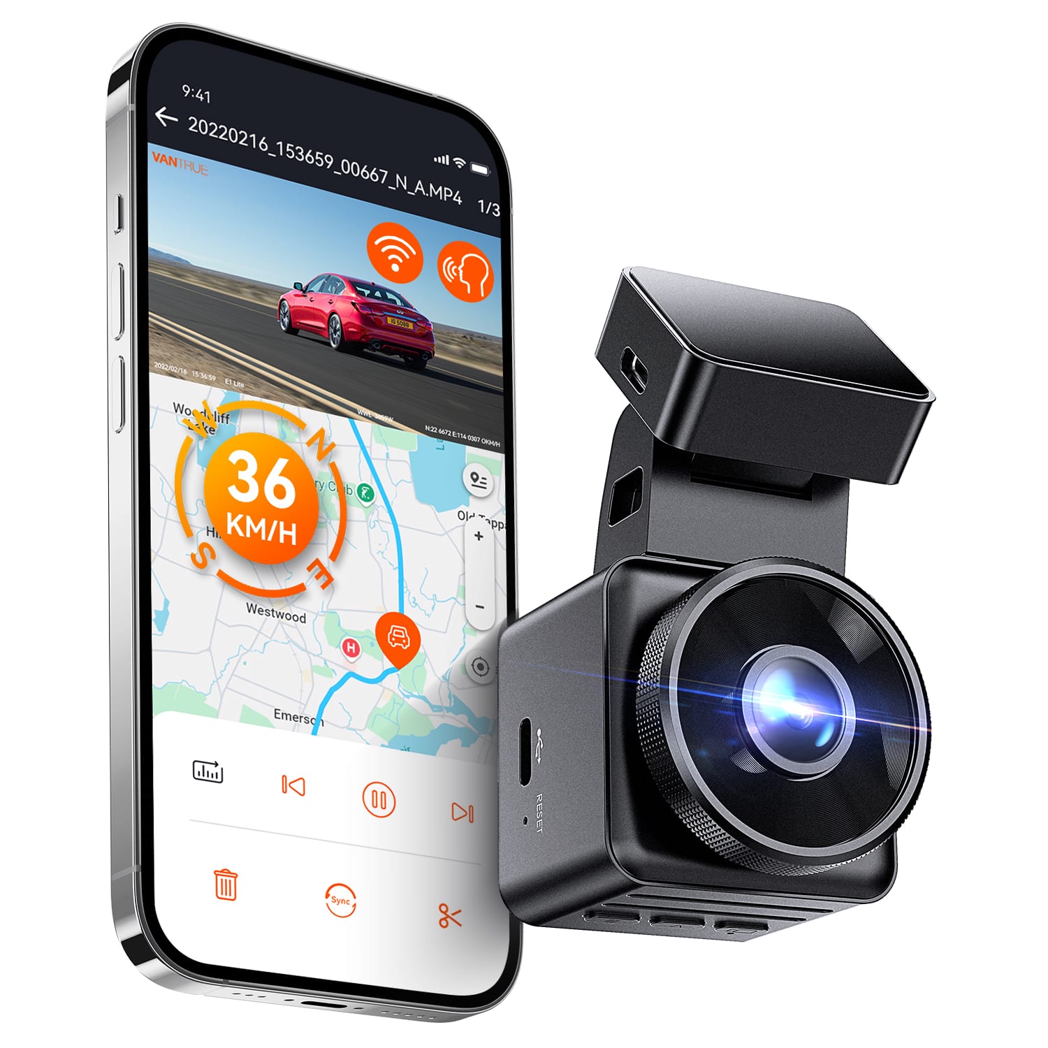 Vantrue - E1 Lite 1080P 60FPS Mini Dash Cam Front, Night Vision, Parking Mode, Easy Installation, 5GHz Wi-Fi & GPS - Black