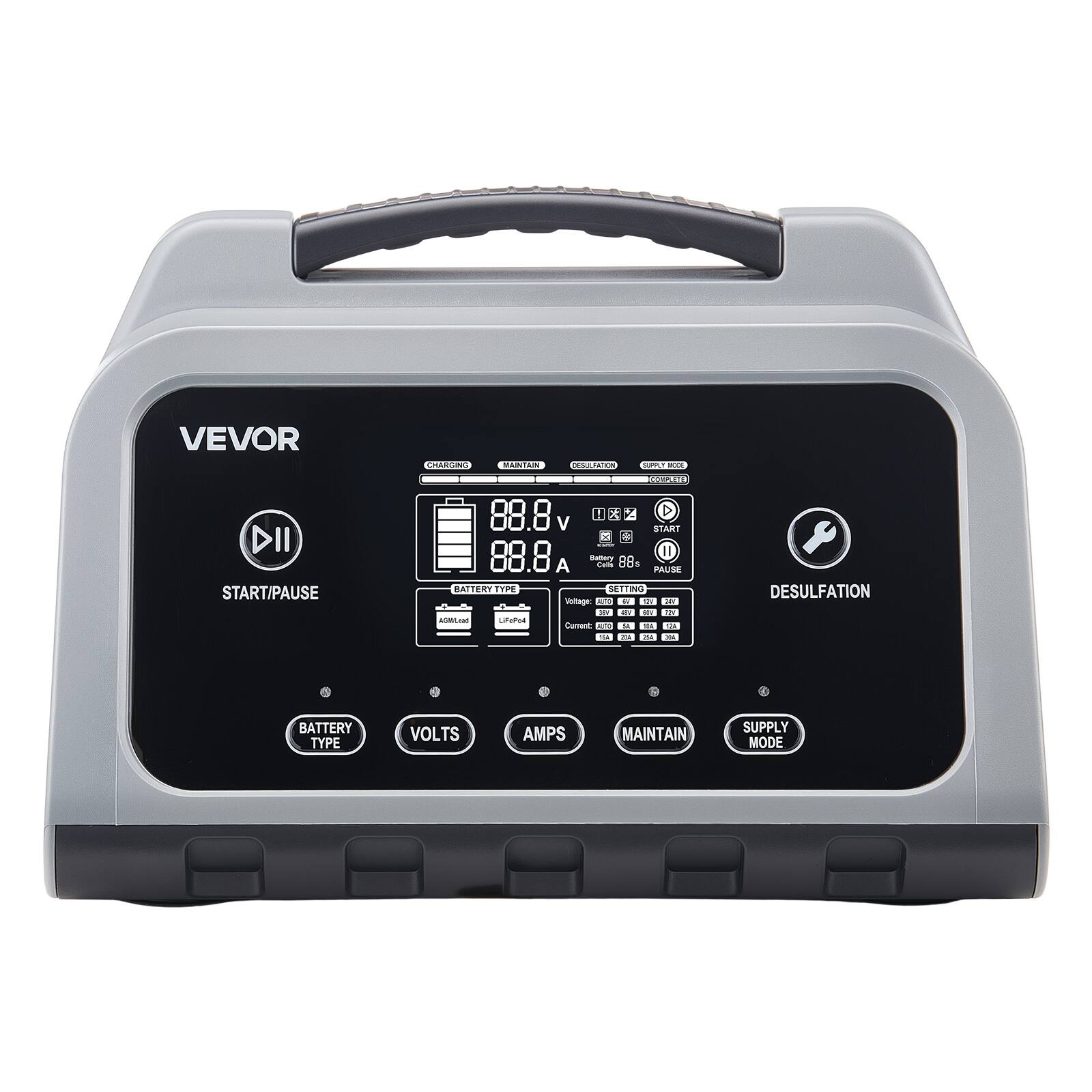 VEVOR

START/PAUSE

88.8 V
88.8 A

BATTERY TYPE
VOLTAGE
AMPS
MAINTAIN
SUPPLY MODE

DESULFATION

BATTERY TYPE
AGM/GEL
LiFePO4

VOLTAGE
CURRENT

SETTINGS
Voltage: 88.8 V
Current: 88.8 A

Battery: 88.8 V

CHARGING
MAINTAIN
DEEPSLEEP
SUPPLY MODE

BATTERY TYPE
VOLTAGE
AMPS
MAINTAIN
SUPPLY MODE