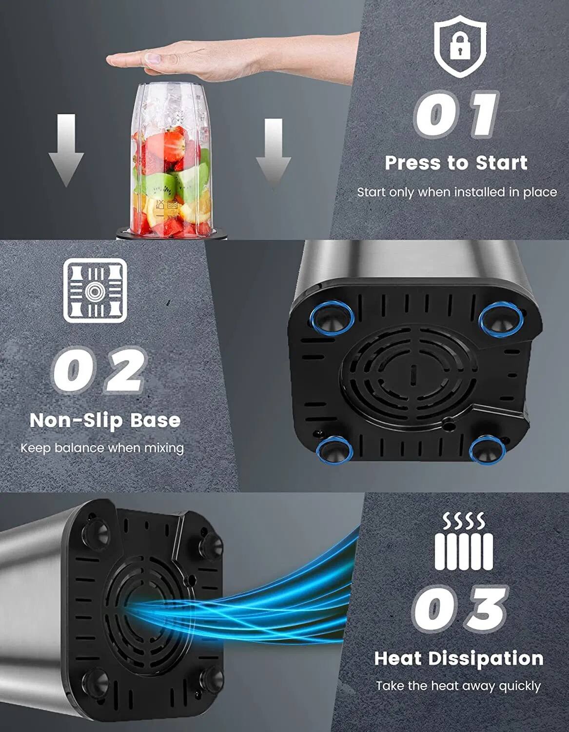 01 Press to Start  
Start only when installed in place  

02 Non-Slip Base  
Keep balance when mixing  

03 Heat Dissipation  
Take the heat away quickly