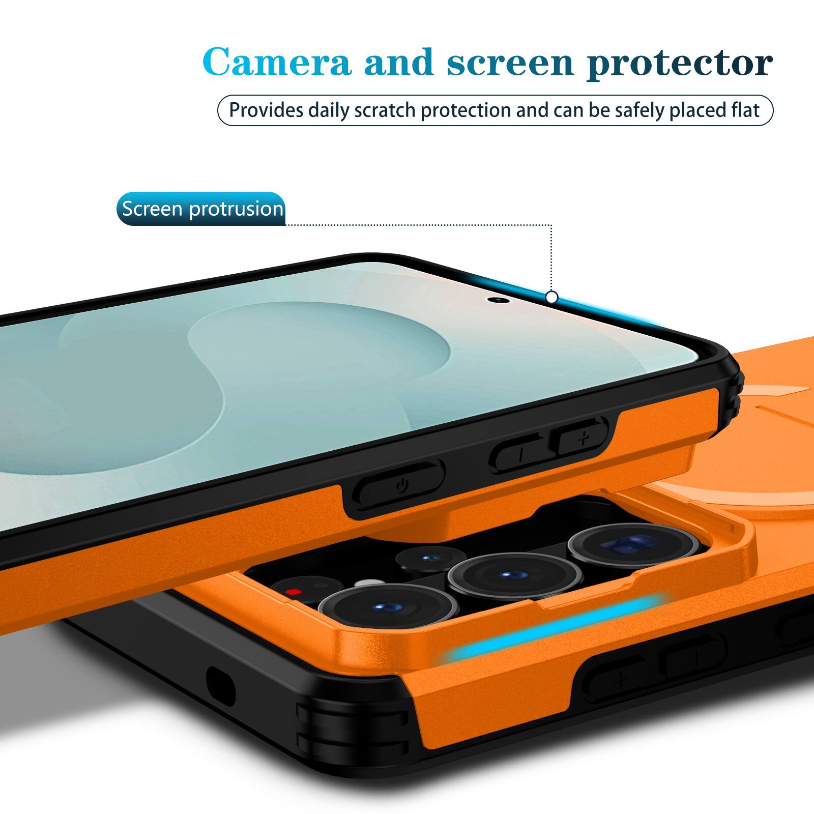 Camera and screen protector  
Provides daily scratch protection and can be safely placed flat  
Screen protrusion